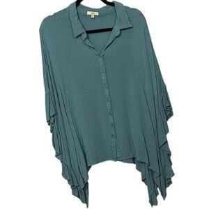 Kori Blue/Green Button Down Top Blouse Collared Flowy Boxy Oversized Polka‎ Dot